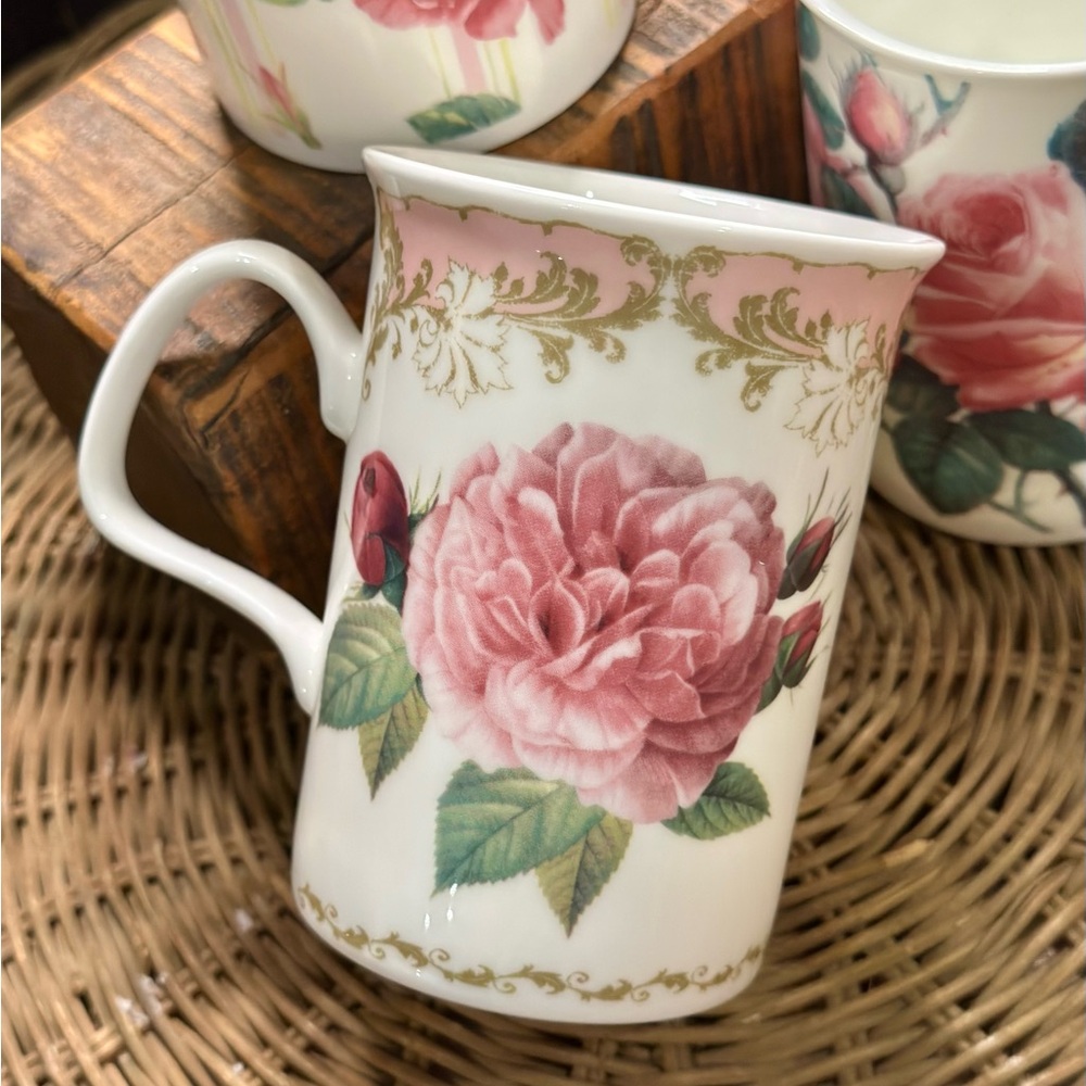 Roy Kirkham Fine Bone China Mugs Rose du Temps Redoute Rose and English Rose - Picture 2 of 13